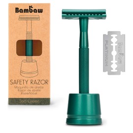 Metal Razor with Safety Razor Holder, Safety Razor with Stand, Wet Razor Men and Women, Body Razor for Men and Women, Safety Razor Zero Waste, Emerald Green Bambaw