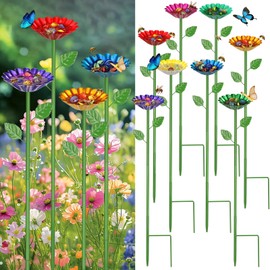 8 Pcs Bee Watering Station with 50 Glass Marbles, Metal Flower Butterfly Feeder Cups for Garden Outdoor Decor (Multicolor)