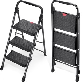 KINGRACK 3 Step Ladder, Sturdy Step Stool with Handrail, Wide Anti-Slip Pedals, 800lbs Max Load Capacity, Folding Step Stool for Home, Kitchen, Black