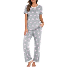 PrinStory Womens Pajama Sets 2025 Short Sleeve Pajama Sets for Women 2 Piece Lounge Set Ladies Soft Pjs FP-Pink Star-M