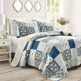 Lush Decor Monique 3 Piece Quilt Set, King, Navy & Mustard