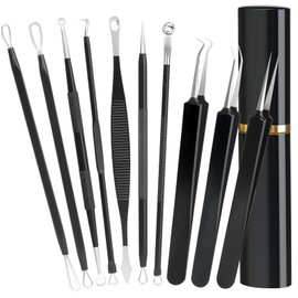 Pimple Popper Tool Kit,10 Pcs Professional Blackhead Remover Comedones Extractor for Easy Removal for Pimples,Blackheads,Zit Removing, Facial and Nose, Acne Removal Kit with Metal Box (Black)