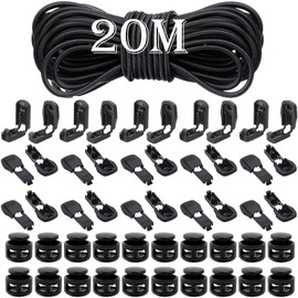 20 m Elastic Rubber Cord 3 mm, 2 Holes Black Rubber Cord, Elastic Band, Round Cord, Elastic Rubber Cord, with 40 Cord Locks, Cord Clamp, 20 Cord Locks, for Drawstring, Backpack, Clotheslines
