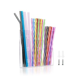 8.5" Straw Holder for Cabinet Door–Acrylic Straw Organizer with Height Dividers, Wall Mounted Kitchen Accessories Container Storage Inside Cupboard Cabinet Door, Easy Install with Screws