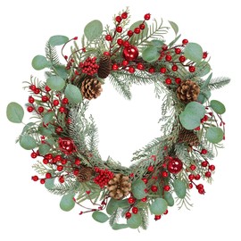 Bsmathom 20 Inch Artificial Christmas Wreath with Packaging, Front Door Winter Wreath, Christmas Decorative for Wall Windows Outdoor with Pinecones, Red Berries, Frosted Branch