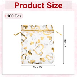 MECCANIXITY Organza Bag 5" x 7", Sheer Heart Mesh Bags Drawstring Gift Bags Bulk Party Favor Bag Jewelry Pouches for Wedding Candy Valentines (White-Gold, Pack of 100)