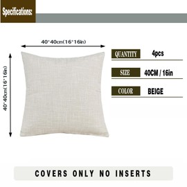 GONOVE Cushion Covers 40×40cm Solid Soft Cotton Linen Throw Pillow Cover Set of 4 Decorative Plain Pillowcase Square Cushion Cover for Home Sofa Bed Chair Décor, Beige