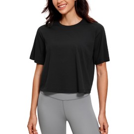 CRZ YOGA Womens Loose Fit Cotton Polyester Short Sleeve Shirts Crop Tops Casual Workout T-Shirts Black Small