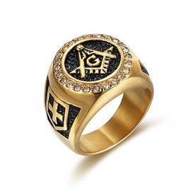 MayiaHey Bling Masonic Symbol Ring, Rhinestone Masonic Ring For Men, Goldmaster Mason Ring Sparkling Masonic Jewelry, Shield Cross Masonic Ring Punk Masonic Compass Ring For Boys, Non-precious metal