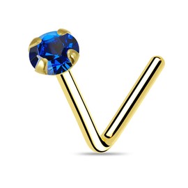 PiercingPoint 14ct Solid Yellow Gold Claw Set 2.5MM Blue Sapphire Genuine Crystals Stone 22 Gauge L-Shape Nose Stud