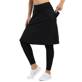Women Athletic Knee Length Skirts with Leggings,Pickleball Skirted Full-Length Leggings Skorts Capris for Yoga Women Zipper Pockets(Black XS)