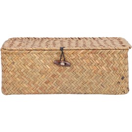 Yosoo Cajas de Cestas de Pasto Marino Tejidas a Mano, Contenedor de Almacenamiento de Ratán Natural con Tapa, Organizador de Escritorio para Accesorios para el Cabello, Joyería, (M)