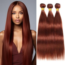 Reddish Brown Straight Bundles Human Hair Auburn Bundles Color 33 Human Hair Bundles Copper Red Straight Bundles Double Weft Remy Hair Extensions Silky and Soft for Black Women 26 26 26 Inch