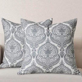DWCN Set of 2 Decorative Pillow Covers with Print Damask Pattern -18 x 18 Inch Rustic Farmhouse Boho Style Home Decor Couch Pillows for Sofa Chair Couch Bedroom Living Room Outdoor, Beige & Grey
