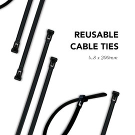 EVOGES 4.8X200mm Black Reusable Releasable Cable Ties, 100% Nylon 66, 22kg Tensile Strength (Pack of 10)