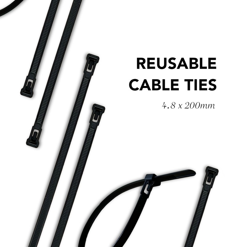 EVOGES 4.8X200mm Black Reusable Releasable Cable Ties, 100% Nylon 66,