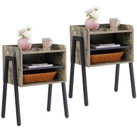 VECELO Nightstand Industrial Side End Table/Stackable Accent Furniture with 2-Tier Open Storage Compartments for Bedroom, Living Room and Small Spaces