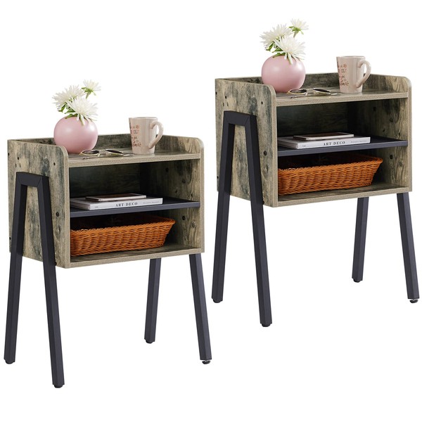 VECELO Nightstand Industrial Side End Table/Stackable Accent Furniture with 2-Tier