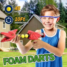 BLmukce Dinosaur Shooting Toys for Boys 2 3 4 5 6 7 Years Old, 2 Air Pump Launchers, Movable Target & 48 Foam Balls with LED Score & Sound, Christmas/Birthday Gift for Toddlers (DARK GEEEN)