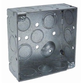 4 inch Square Electrical Box, 1-1/2 inch Deep with Ten 1/2 inch KO and Six 3/4 inch KO's, Raised Ground BE-189 (1 Pack)