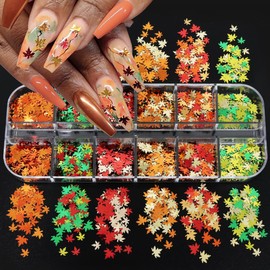 12 Grids Fall Nail Art Glitters Maple Leaf Glitter Nail Sequins 3D Autumn Maple Leaf Holographic Nail Art Flakes Confetti Glitter Sticker Decals Fall Manicure Design Makeup DIY Thanksgiving Decoration
