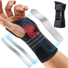 Rakiie Carpal Tunnel Wrist Brace, Adjustable Night Hand Support with 3 Metal Splints for Men Women, Splint Stabilizer for Work, Arthritis, Purple Left Hand, Size M(6.69-8.27")