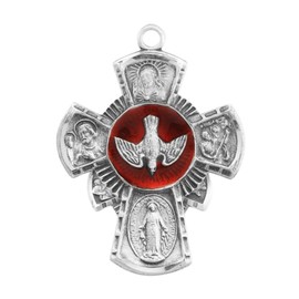 Everlasting Light Jewelry Men's Sterling Silver Large 4-Way Medal with Red Holy Spirit, 24" Rhodium Plated Stainless Steel Chain, Deluxe Velvet Gift Box