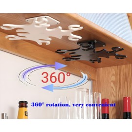 JOANAJO Wine Glass Holder Under Cabinet Stemware Rack 360°Rotatable Glass Hanger Drying Rack Storage Organizer With 6 Hooks for Home and Bar（2 PACK-BLACK）