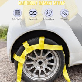 Tow Dolly Basket Straps, Car Dolly Wheel Straps with Flat Hook Fits 15"-19" Tires Wheels Auto Vehicle 10,000 Lbs Breaking Strength (Yellow)