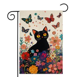 Spring Cat Garden Flag 12x18 Inch Double Sided Summer Butterfly Colorful Floral Flower Yard Outdoor Flag House Holiday Outside Decoration Burlap