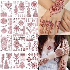 12 Sheets Temporary Tattoo Sticker, Brown Red Indian Mandala Flower Tattoo, Waterproof Temporary Tattoo Sticker for Neck Chest Arm, Body Art Sticker For Wedding Party Festival