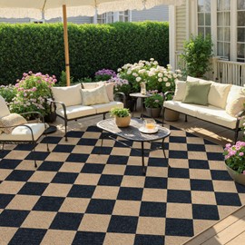Lahome Checkered Easy Jute Outdoor Rug, Large 6x9 Rug for Living Room Checkerboard Indoor Outdoor Carpet, Farmhouse Patio Office Mat Geometric Non Slip Black Carpet for Backyard Dining Room