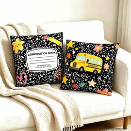 2Pcs Back to School Pillow Covers 18" x 18" School-Bus Notebook Pillow Covers School Bus Pencil Rainbow Pillowcases Decor for Classroom Bedroom Couch Teacher Appreciation Gifts