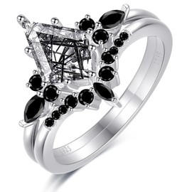 OLIVIASO Kite Cut Black Quartz Rutilated Engagement Ring Set 925 Sterling Silver Rhodium Plated Marquise Cut Black Onyx Wedding Ring Set for Women Size 9