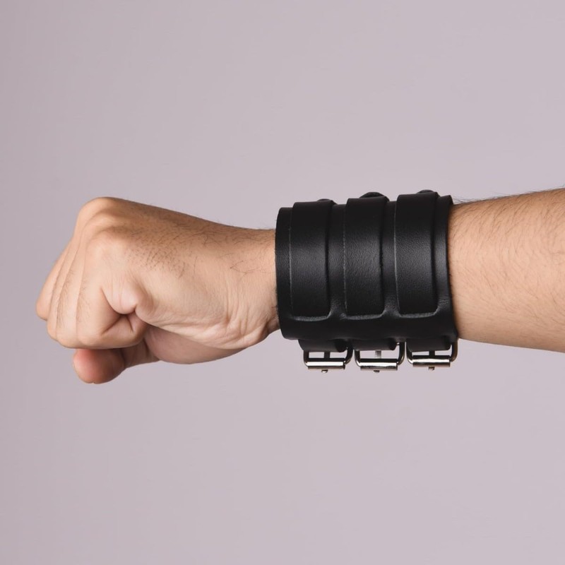 Mens Leather Wide Band Handmade Triple Strap Cuff Medieval Wrap