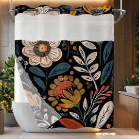 Yeoiat Black Boho Floral Botanical No Hook Shower Curtain with Snap in Fabric Liner Set Flower Shower Curtains Waterproof Boho Shower Curtain for Bathroom 74x71 inches