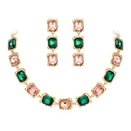 Clearine Gorgeous Jewellery Set for Women, Stunning Emerald Cut Crystal Collar Statement Necklace Dangle Drop Earrings for Wedding Party Prom Accessories Multicolour Gold-Tone