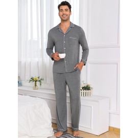 Veseacky Mens Pajamas Set Lightweight Soft Pajamas for Men Button Down Sleepwear Long Sleeve Pjs Lounge Sets with Pockets (Dark Grey,M)