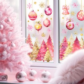 JarThenaAMCS Christmas Window Clings Pink Gold Xmas Tree Ball Snowflake Window Stickers Double-Side Glass Decals for Home Party Supplies, 7.9 x 11.8 Inch, 9 Sheets