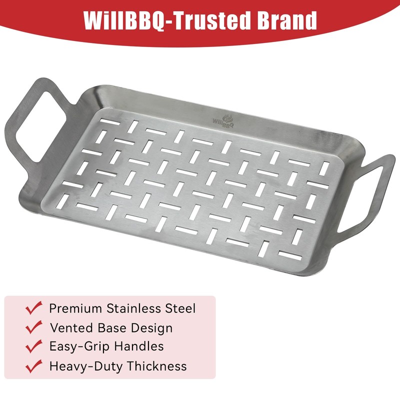 WillBBQ Heavy-Duty BBQ Grill Plate Topper – Stainless Steel Tray