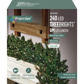 Premier treebrights Christmas Garland String Lights - 240 White and Warm White LEDs Christmas String Lights - 6M lit Length- Timer Lights - Multi Action Lights - Indoor and Outdoor Christmas Lights.