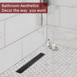 muschbath 32 Inch Linear Shower Drain, Matte Black Shower Drain,Removable Grate, 304 Stainless Steel, Easy to Install and Clean for Bathrooms (Drain Base Not Included), LSD-01A-32B
