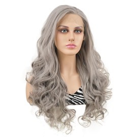 Wiginway Long Wave Lace Front Wigs Women Natural Looking Wavy Synthetic Wig 24 Inches (Grey)