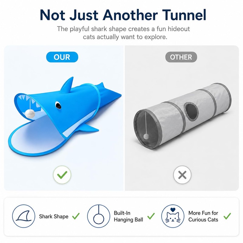 LUCKITTY Blue Shark Cat Tunnel Toy, Collapsible Pop-Up Cat Play