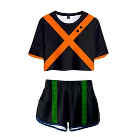 My Sky 2 Piece Bo ku no Hero Outfits for Women Crop Top and Short Pants Sets, Black/Orange, Small
