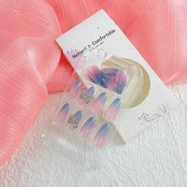 24Pcs Blue French Press on Nails Medium Almond Fake Nails with Designs Rhinestone Bow Glue on Nails Cat Eye False Nails Gradient Acrylic Nails Glossy Full Cover Stick on Nails for Women