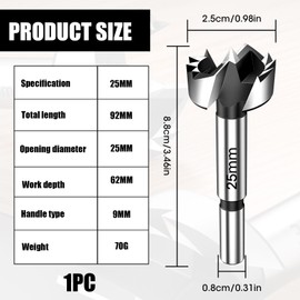25mm Forstner Drill Bit, Triple-Flute Carbide Tipped Wood Hole Cutter, Heavy Duty Hinge Drill Bit for Hardwood Softwood Plywood Plastic, Precise Centering Tip, Compatible with Hand & Bench Drills