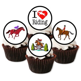Horse Riding Edible Cupcake Toppers – Wafer Paper Decorations for Equestrian Parties, Horse Racing, Showjumping, and Cakes, 24 x 1.5 Inch/4cm Discs – Uncut