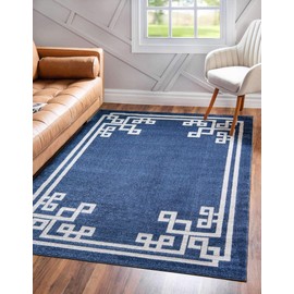 Unique Loom Athens Collection Geometric Casual Modern Border Dark Blue Area Rug (7' 0 x 10' 0)