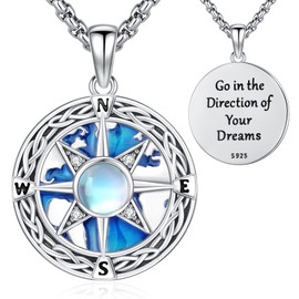 LOOVE Compass Necklace Sterling Silver Celtic Knot Compass Pendant Necklace with Moonstone Blue Travel Map Graduation Jewelry for Women